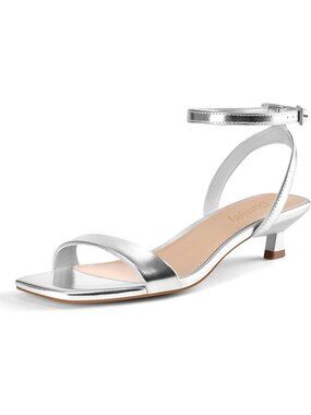 Women's Silver Faux Leather Square Open Toe Ankle Strap Kitten Heeled Sandals